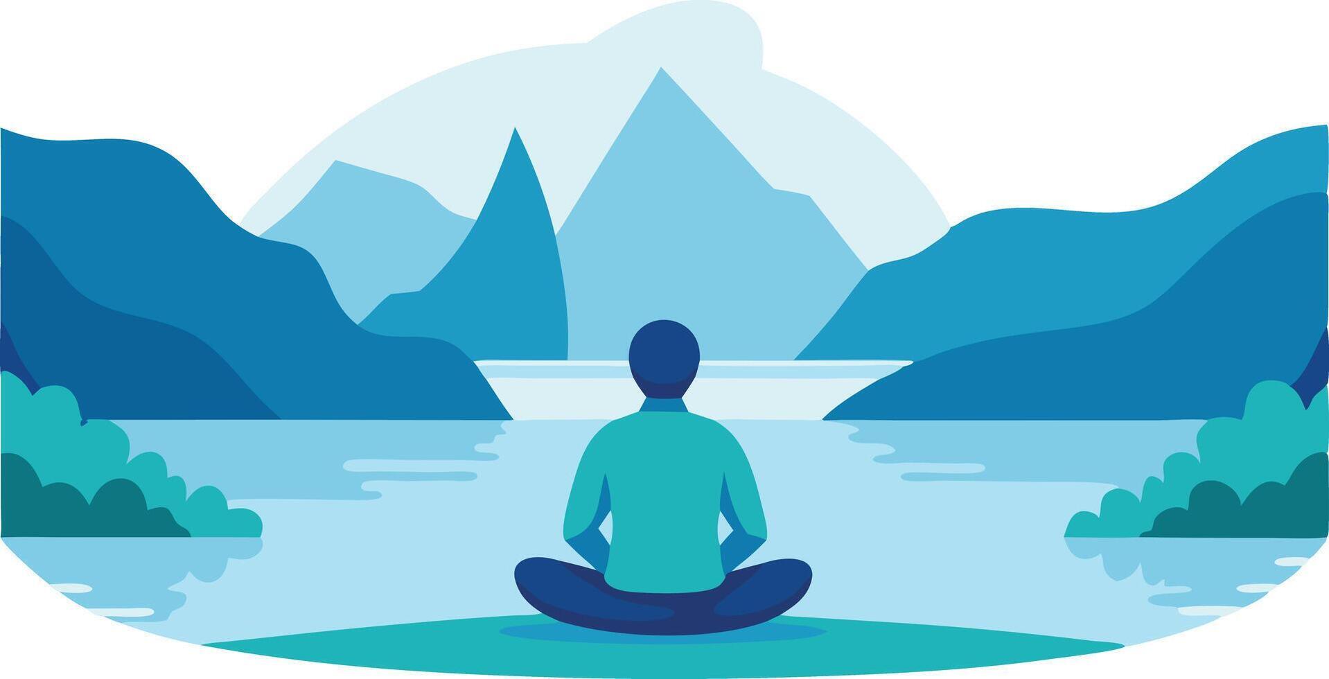 Peaceful Meditation By The Tranquil Lake Surrounded By Majestic Mountains vector