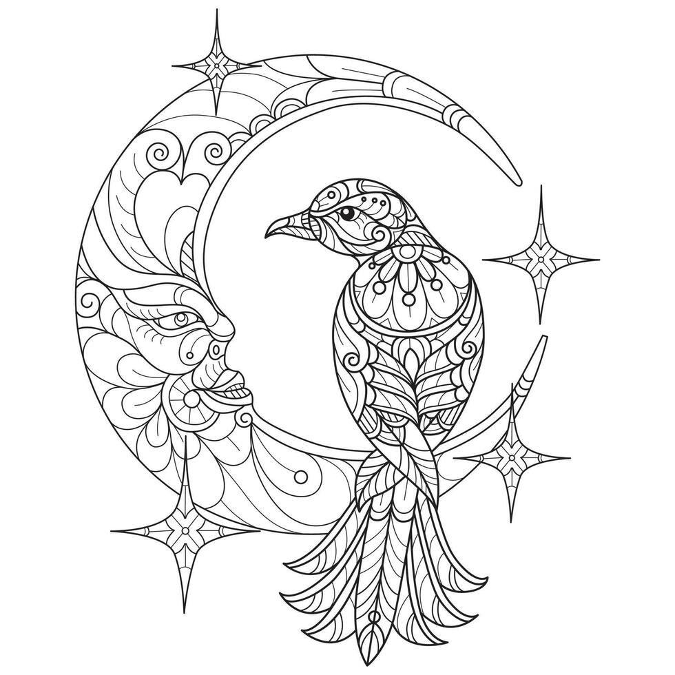Bird on the moon hand drawn for adult coloring book vector