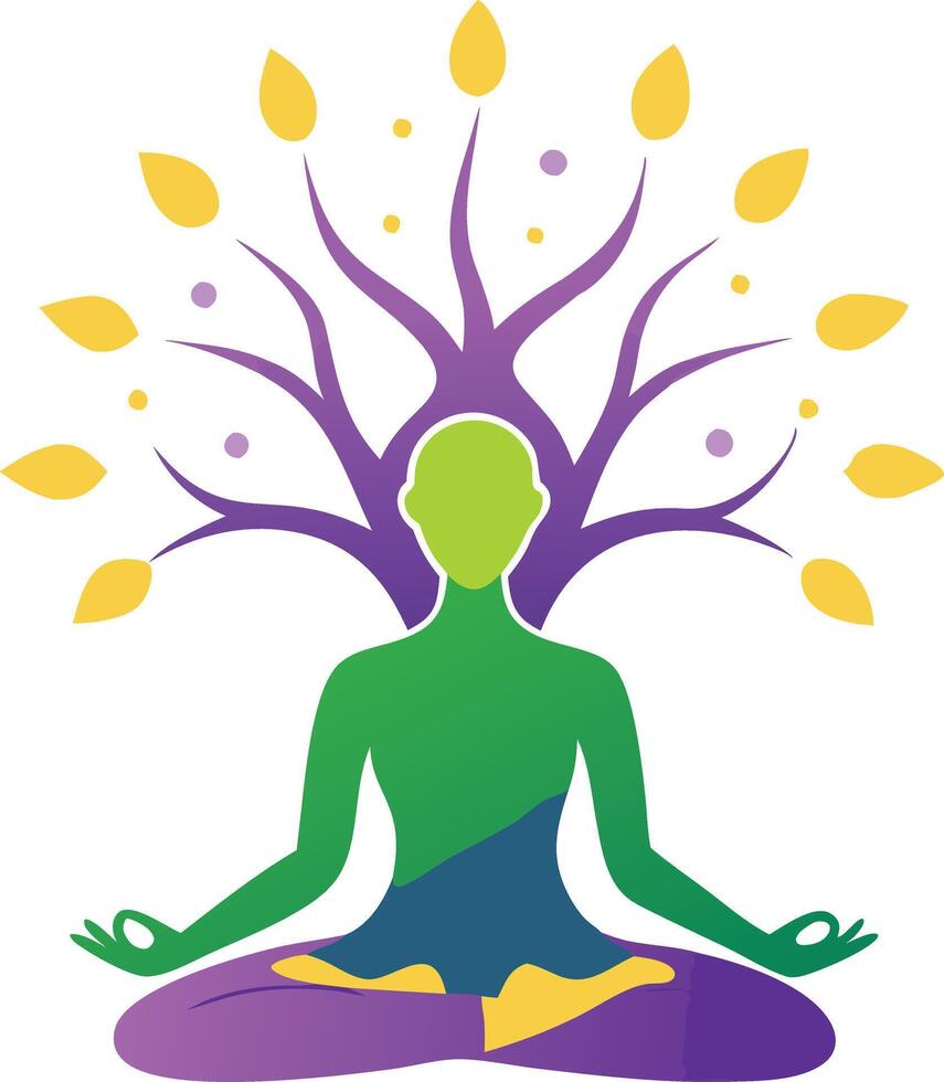 Meditating figure with a tree symbolizing inner balance, growth, and spirituality in a colorful flat design vector