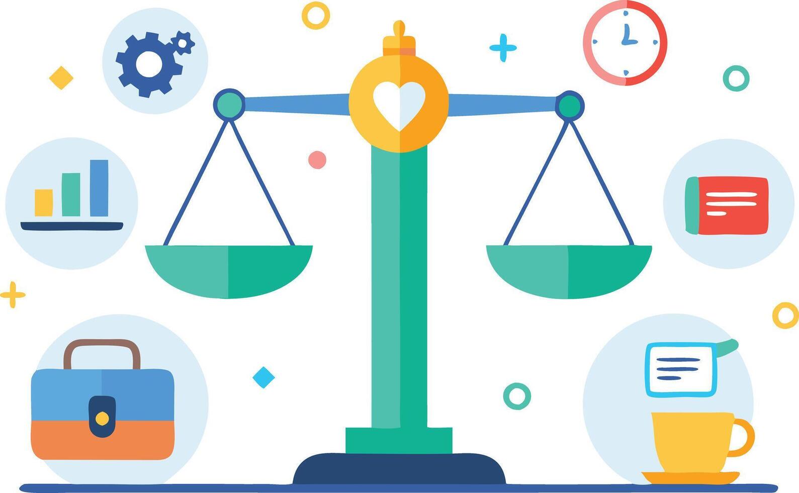 Scales of justice surrounded by business icons representing balance, fairness, and equity in business vector