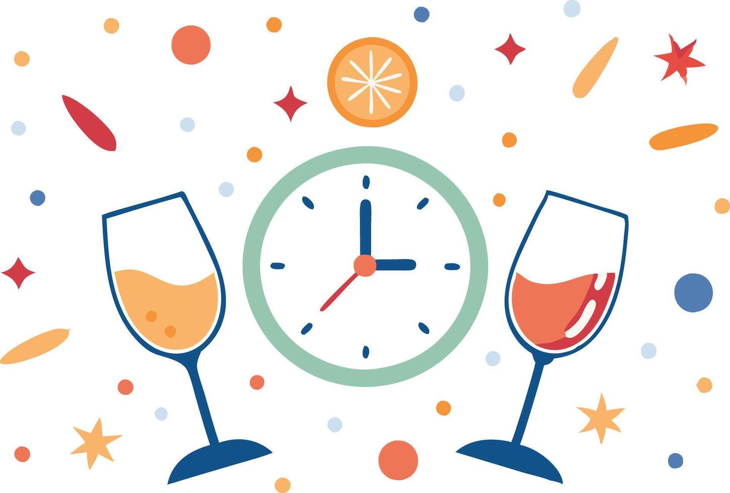 New Year's Eve celebration with wine glasses and a clock, symbolizing festivities, countdown, and joy in design vector