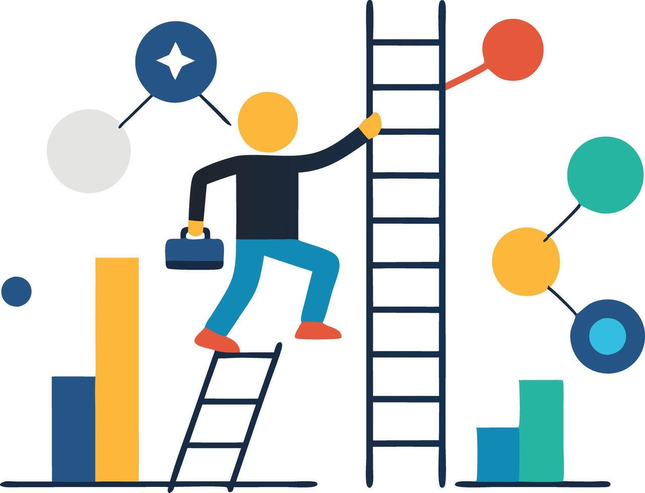 Businessman climbing a ladder surrounded by bar charts and icons, symbolizing success, growth, and career advancement vector