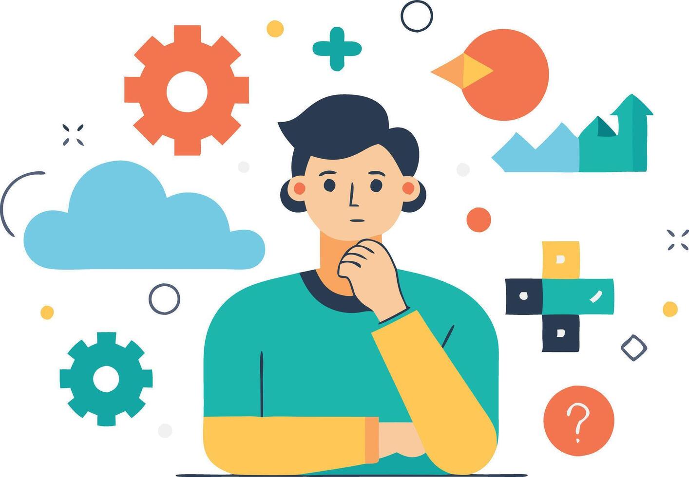 Businessman pondering business challenges surrounded by icons, representing critical thinking and problemsolving in a flat design vector