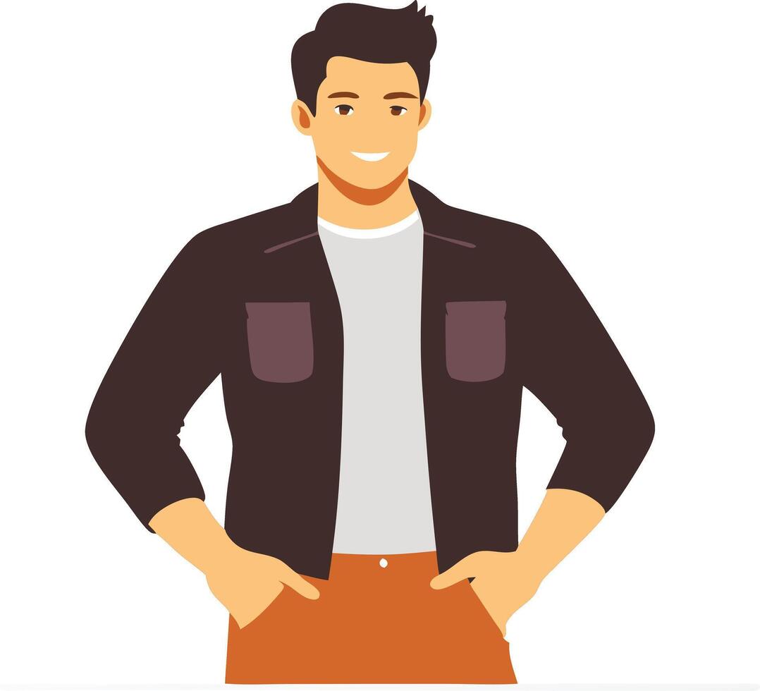 Confident young man with hands on hips, representing confidence, positivity, and leadership in a illustration vector