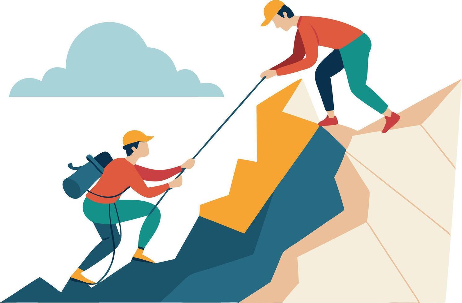 Two Climbers Assisting Each Other While Scaling A Steep Mountainous Terrain During Adventure vector