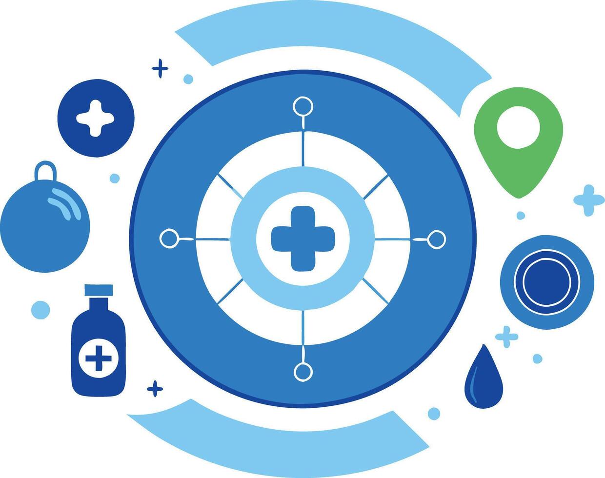 Target with a cross and medical icons, representing healthcare strategy and goals in a design vector