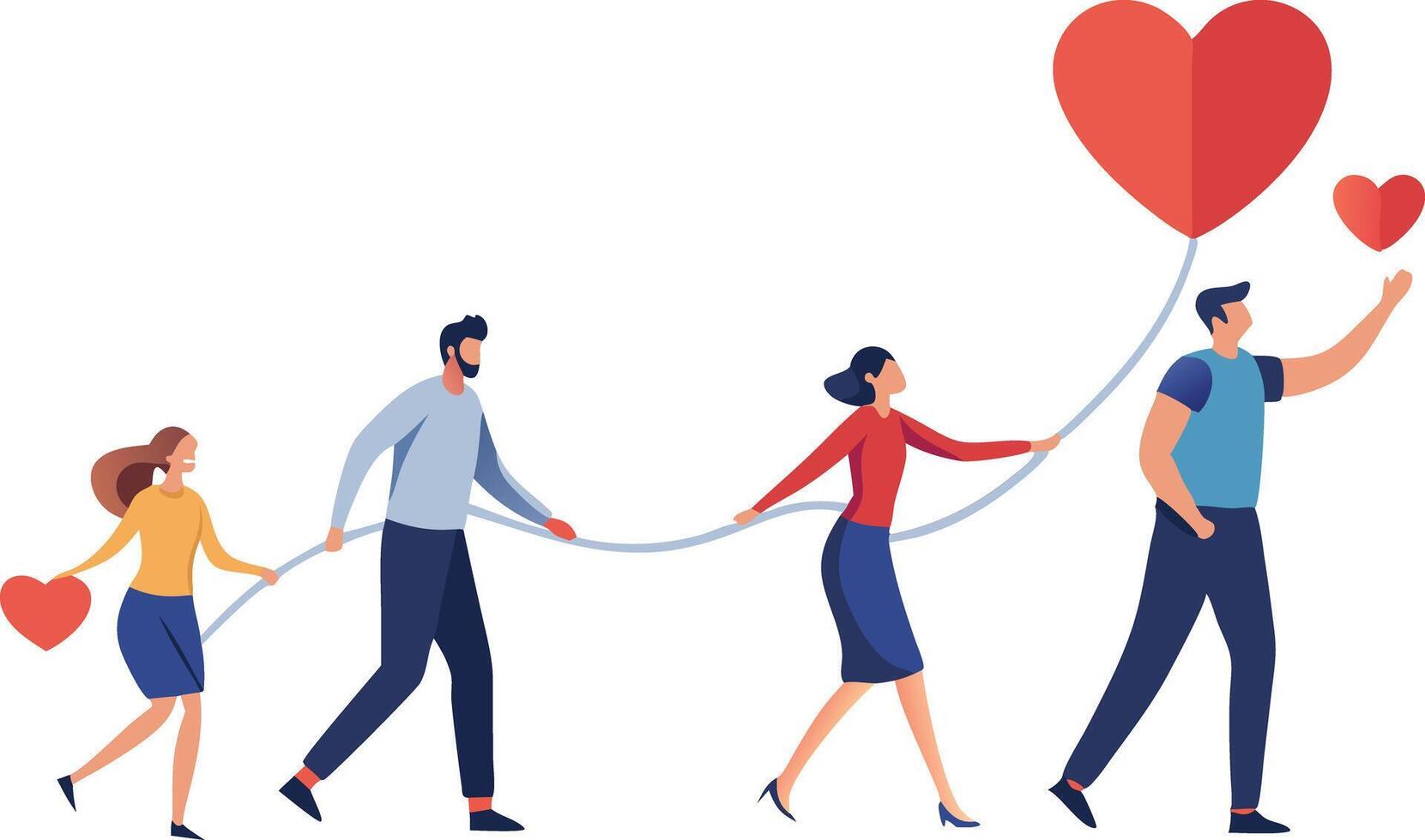 Group of people holding hands with hearts, symbolizing love, unity, and connection in a flat illustration vector