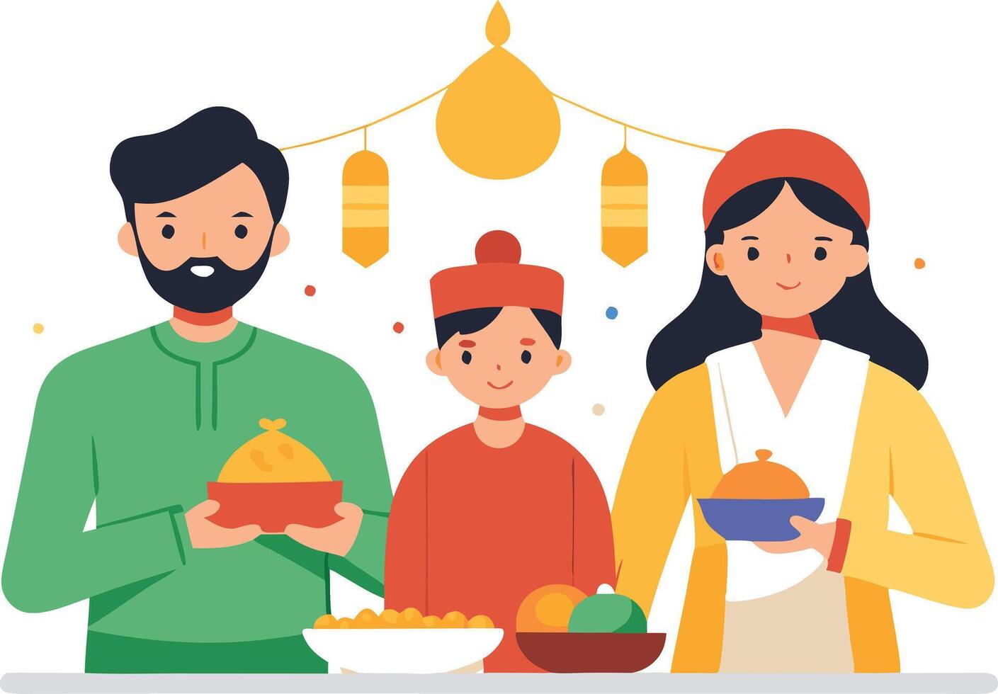 Family celebrating a festival with traditional food and lanterns, symbolizing cultural heritage and unity in a illustration vector