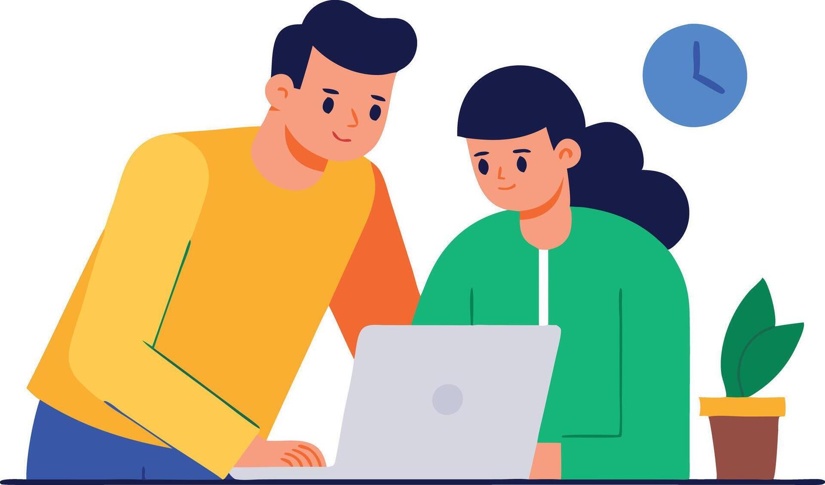 Two Colleagues Collaborating On A Laptop vector