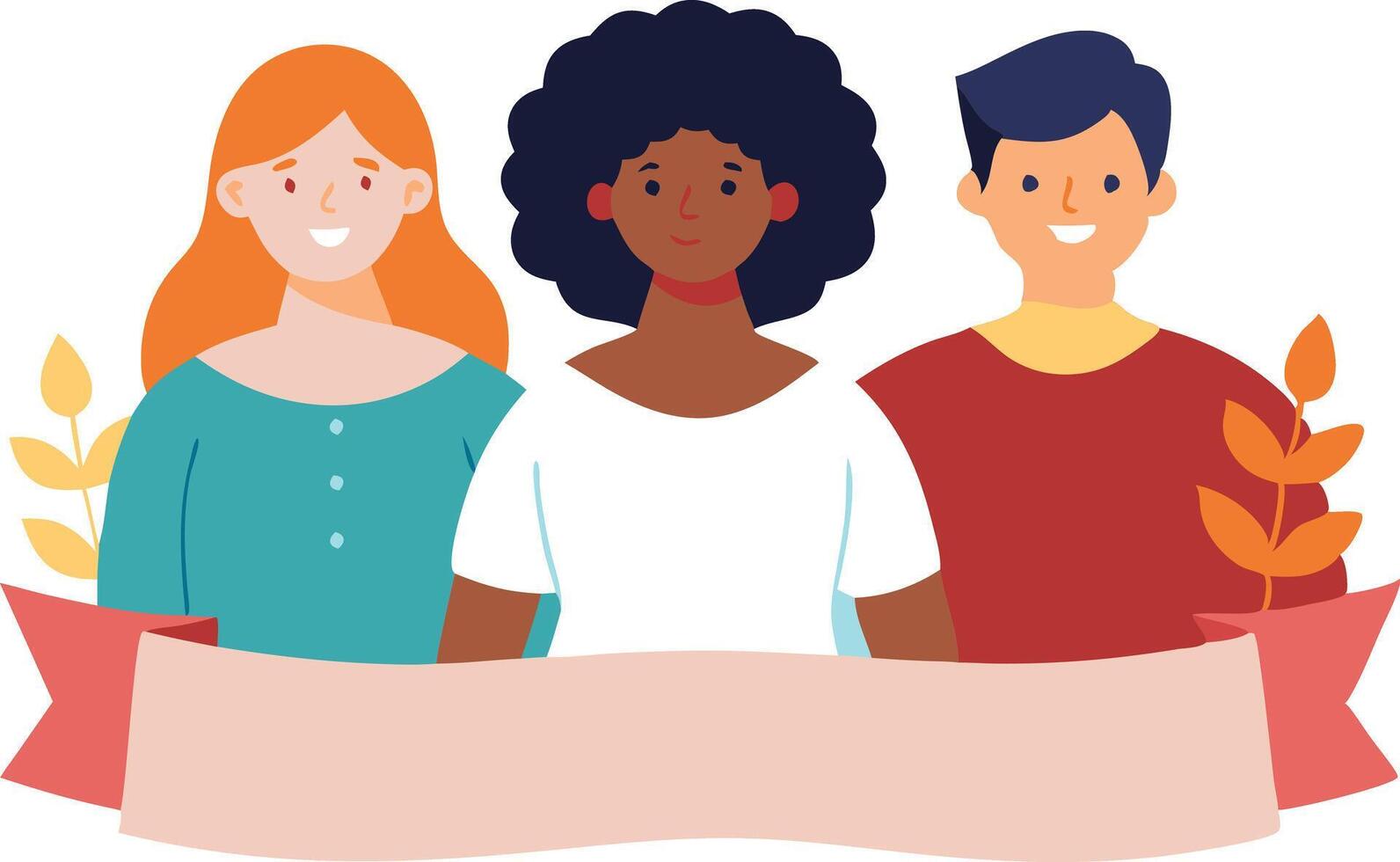 Three diverse individuals standing together, representing unity, community, and friendship in illustration vector