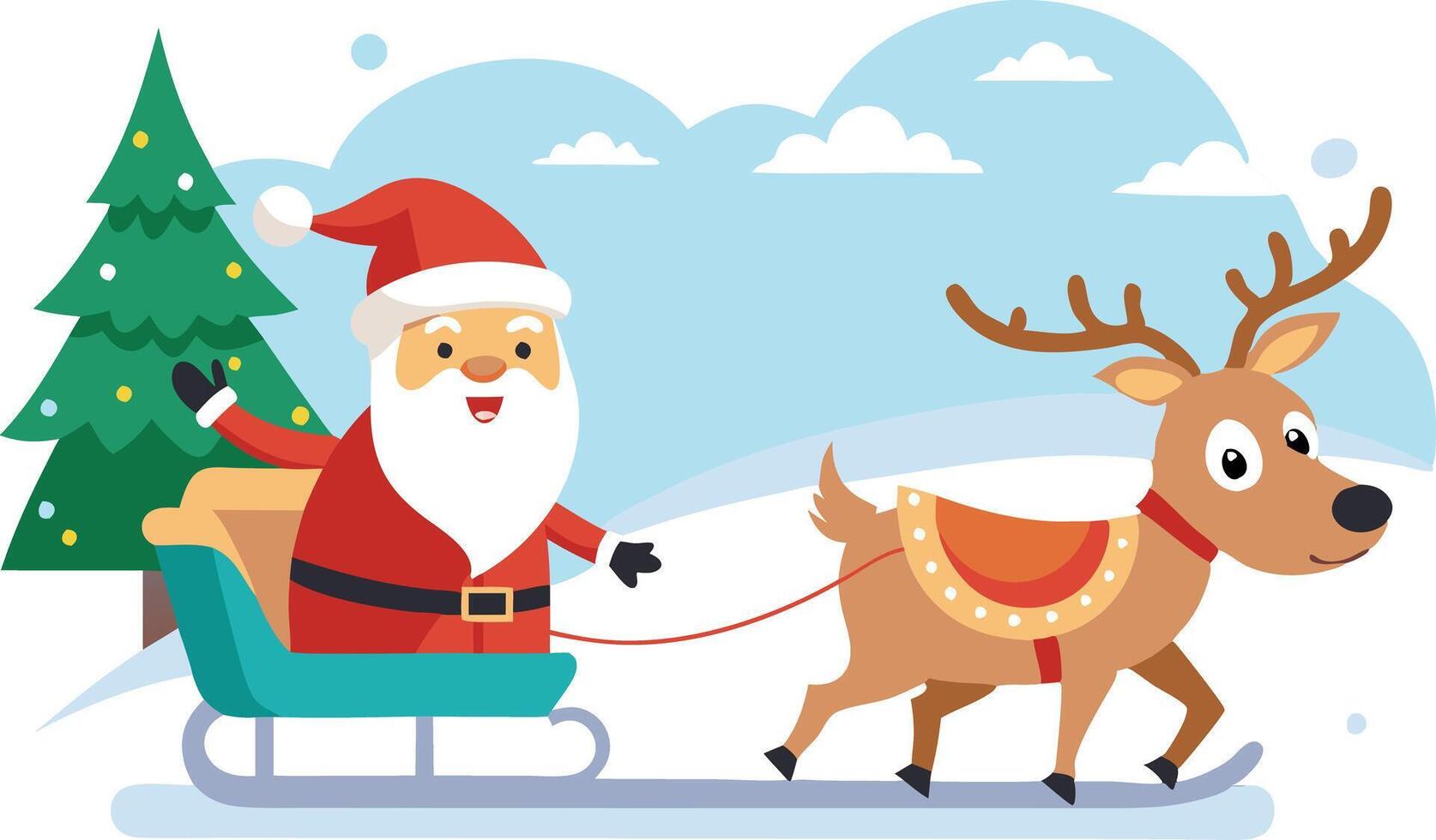 Santa Claus riding a sleigh pulled by a reindeer through a snowy landscape, representing Christmas joy and tradition vector