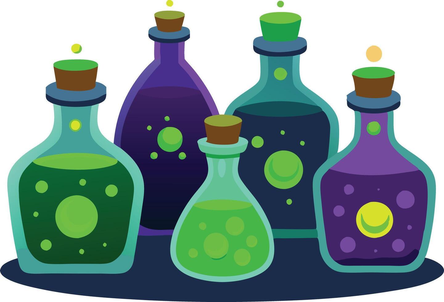 Colorful potion bottles with green and purple liquids, representing magic, potions, and fantasy in a design vector