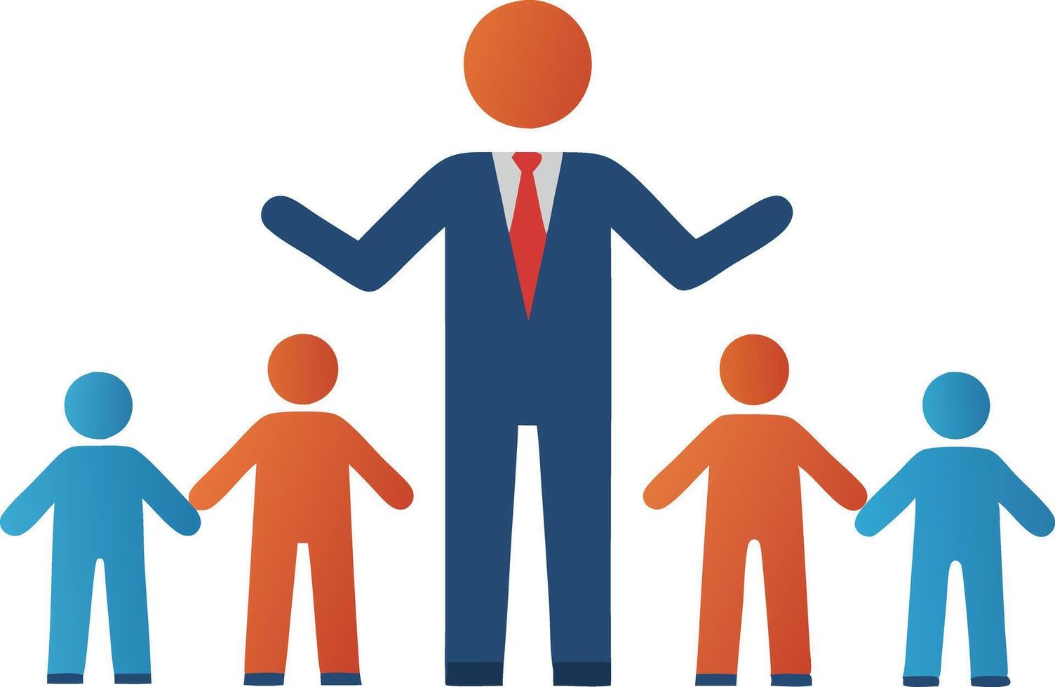 Business leader standing with smaller figures, symbolizing guidance, leadership, and team development in a flat design vector