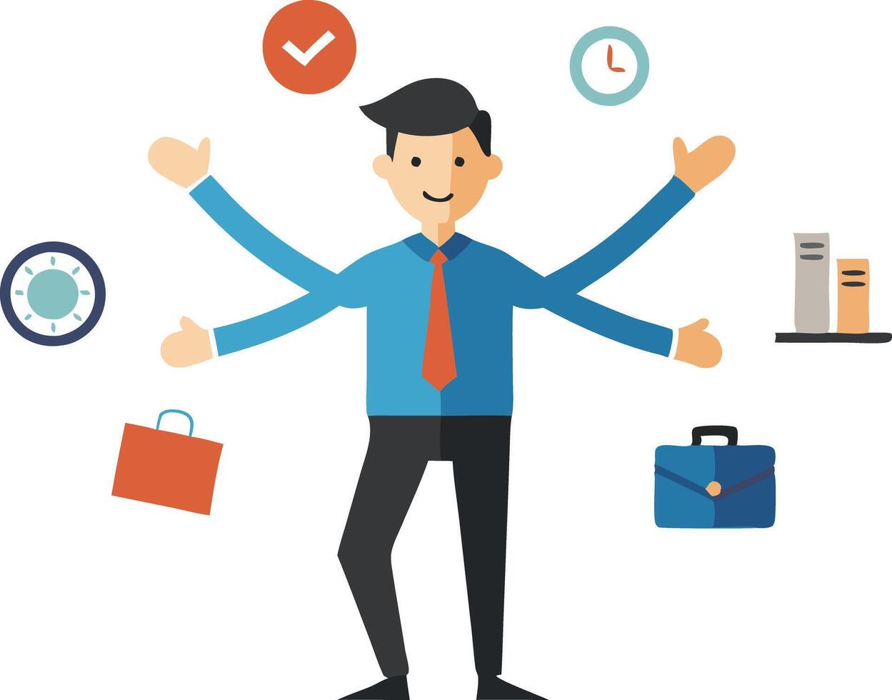 Businessman balancing multiple tasks with various objects floating around, illustrating time management vector