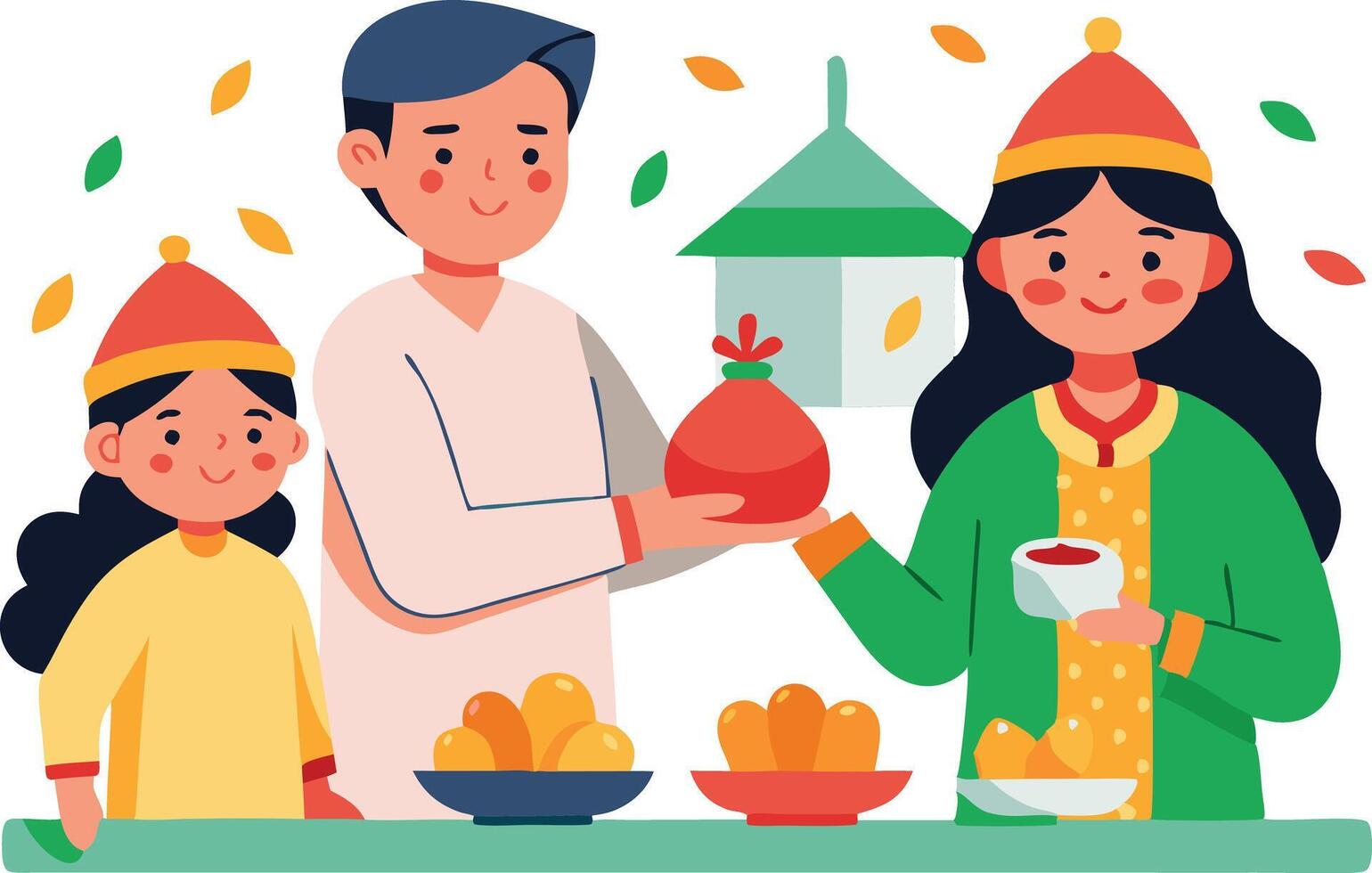 Family celebrating a festival with traditional food and lanterns, symbolizing cultural heritage and togetherness vector