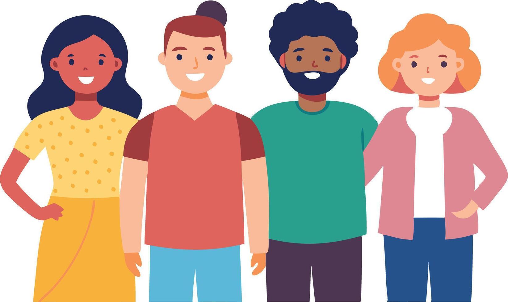 Illustration of four diverse individuals standing side by side symbolizing unity, diversity, and friendship vector