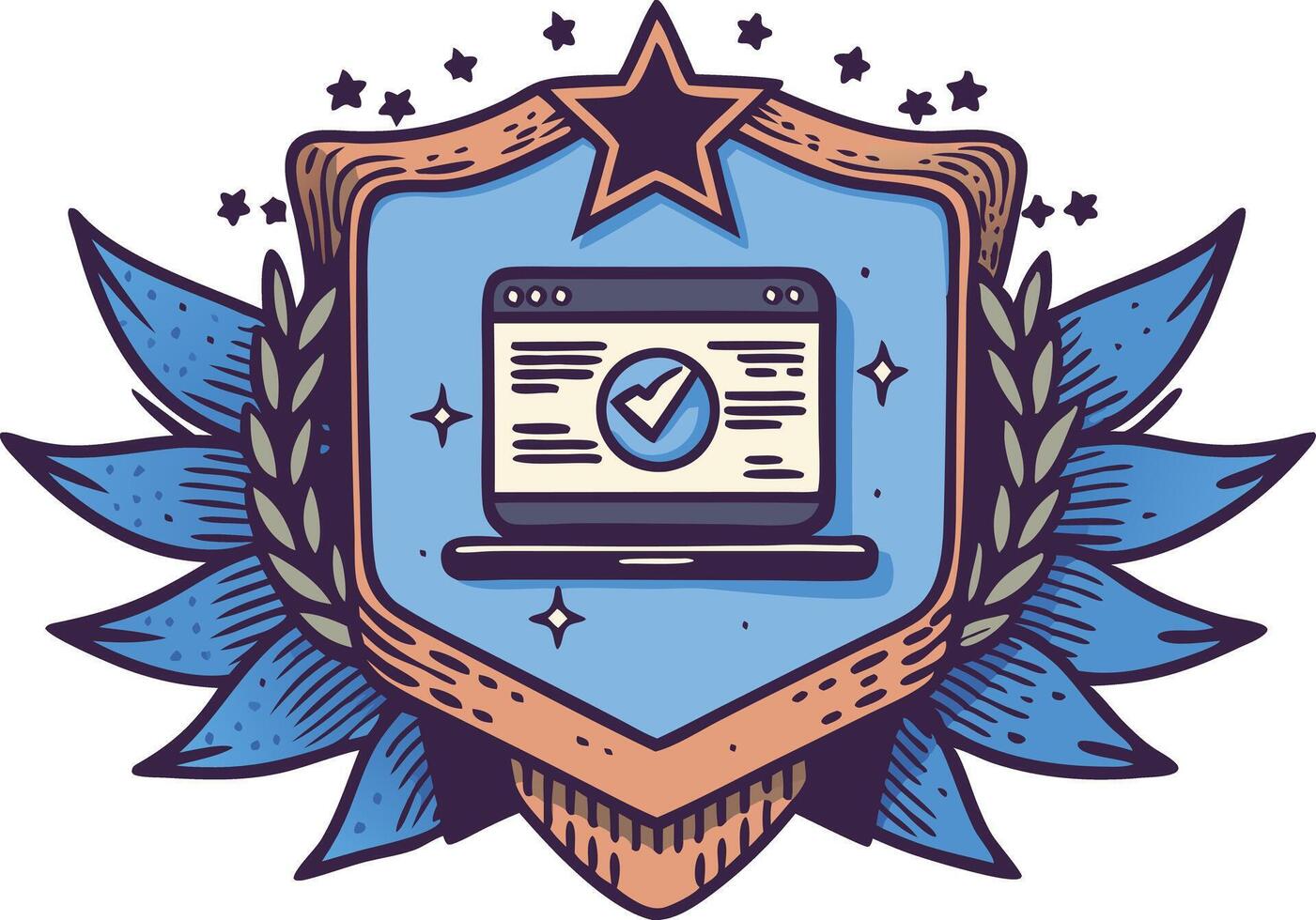Badge with stars and ribbons symbolizing achievement, success, and recognition in a handdrawn style vector