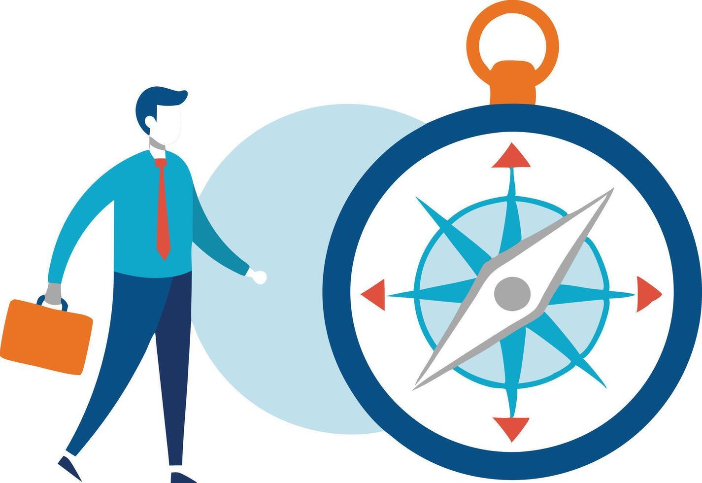 Businessman walking towards a compass, symbolizing career direction, guidance, and navigation in illustration vector