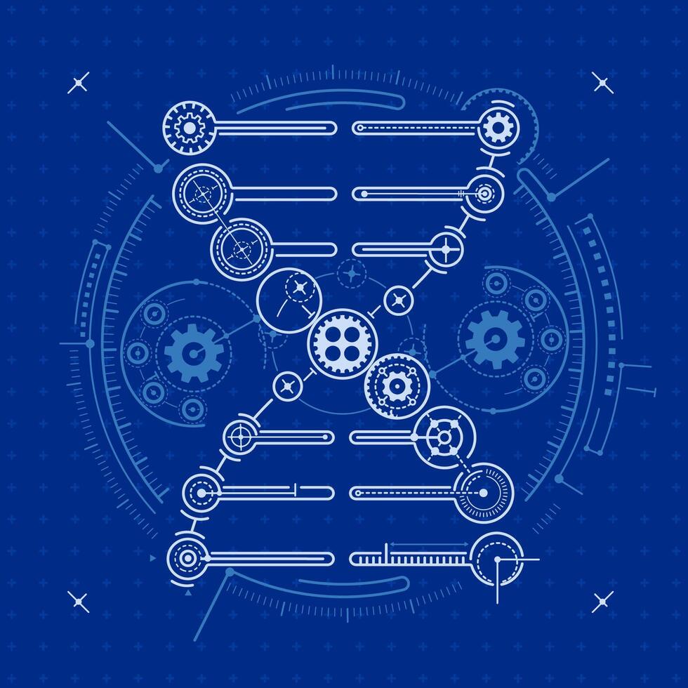 concept of bioengineering technology, graphic of DNA structure combined with blueprint element vector
