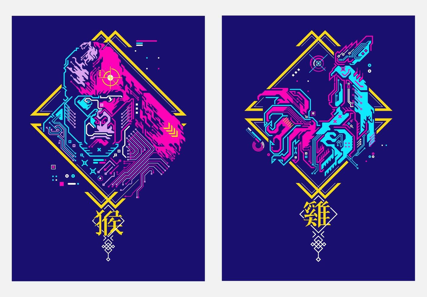 Chinese zodiac sign of monkey and rooster, Graphic of colorful cyber monkey and chicken with futuristic Chinese element, Chinese words refer to monkey zodiac and rooster zodiac vector