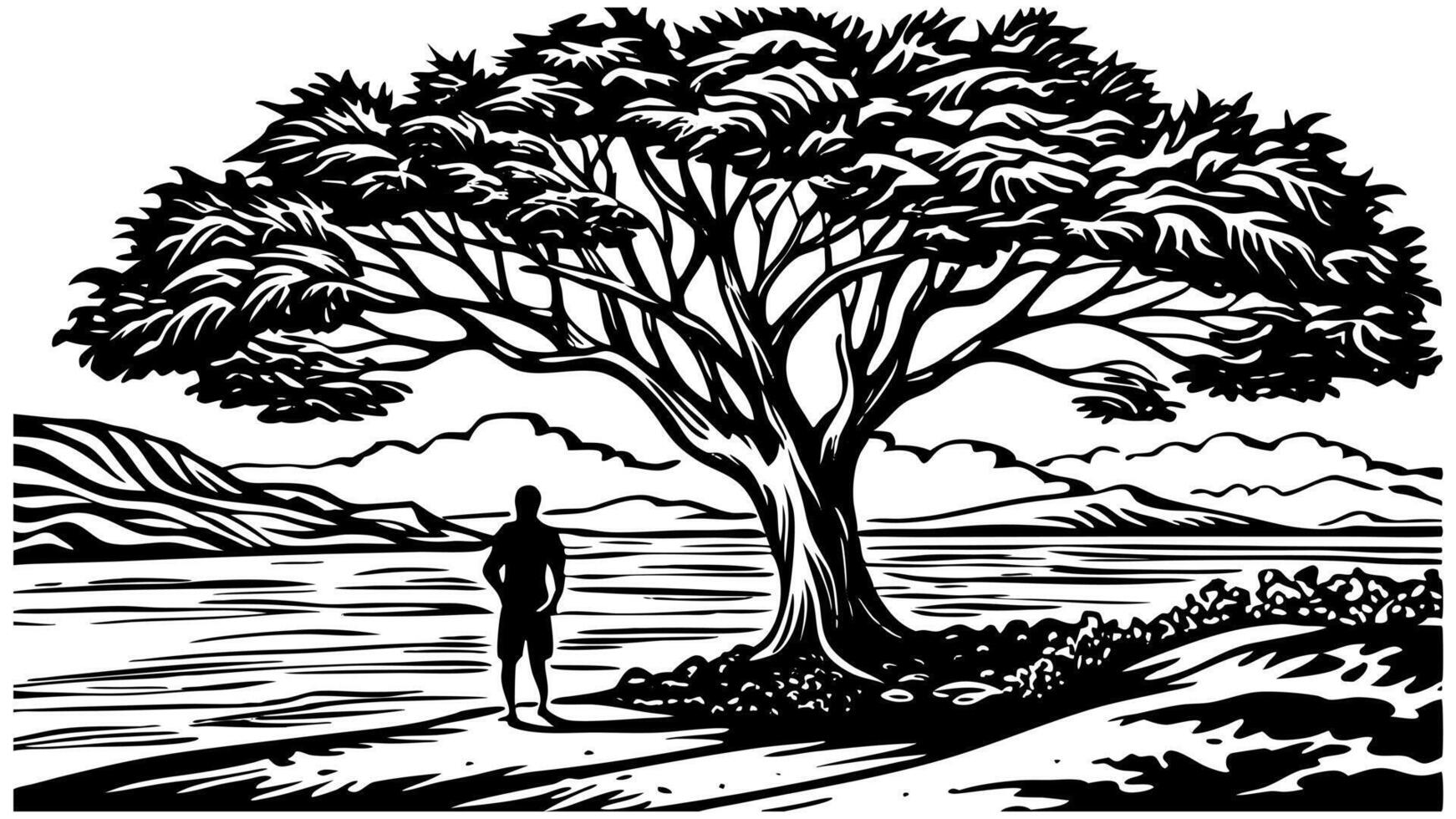 sketch of a view of a tree on the beach illustration vector