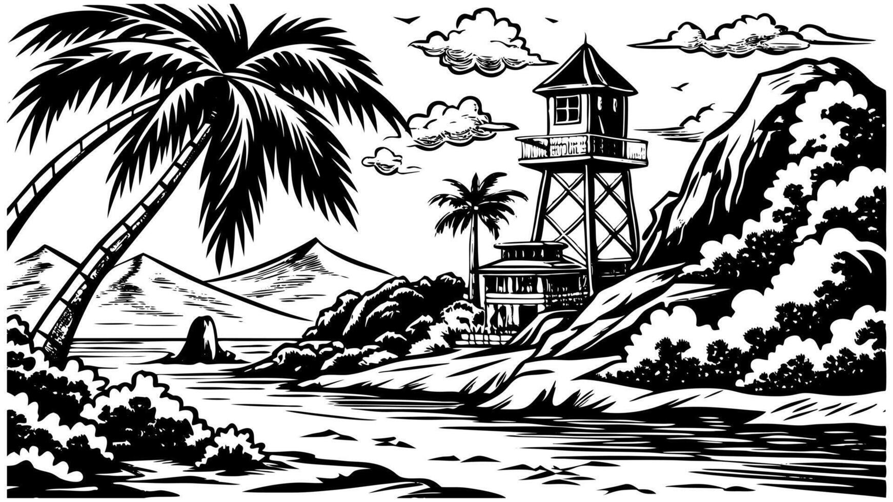 sketch of a view of a tower on the beach, illustration vector