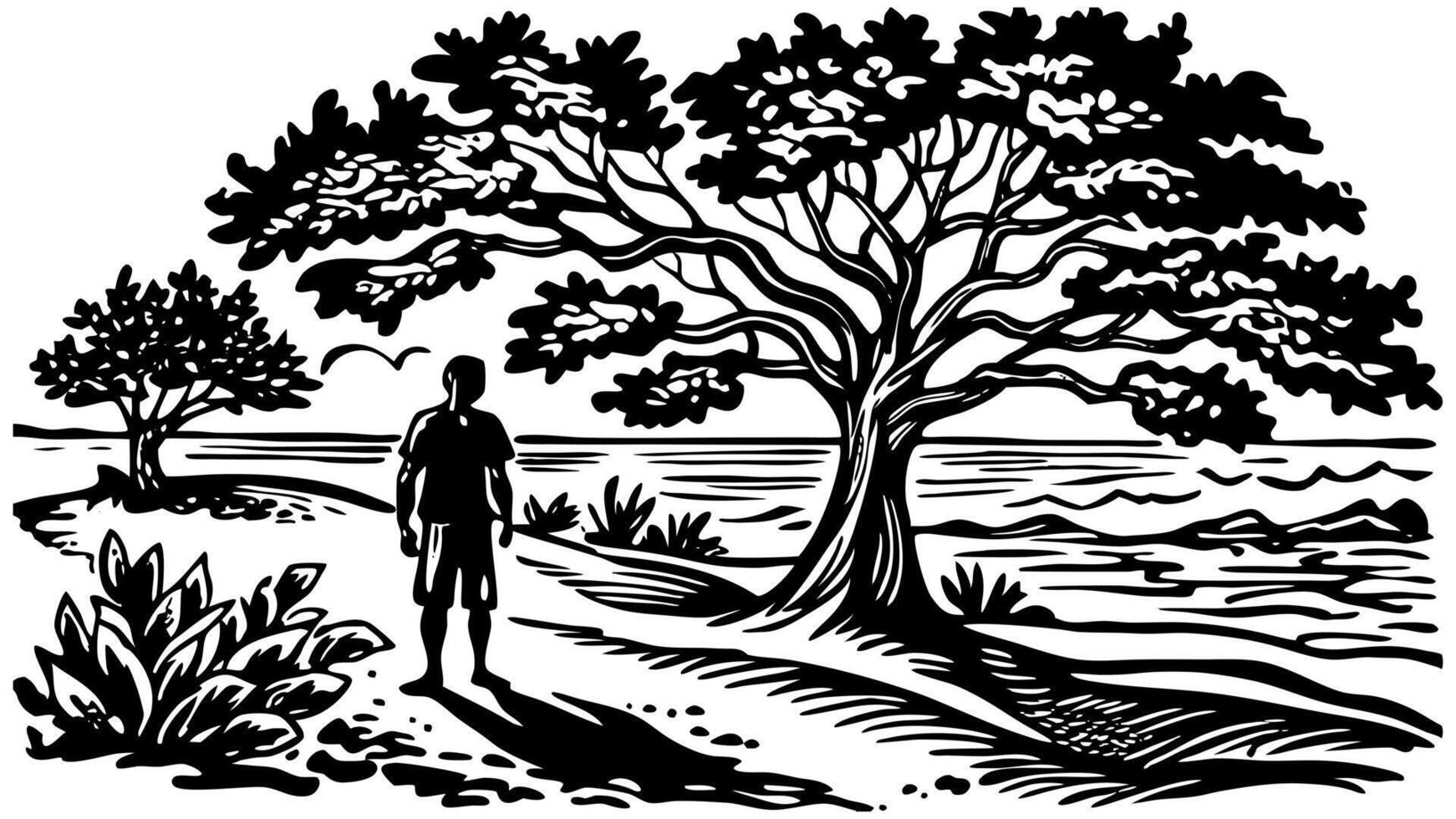 sketch of a view of a tree on the beach, illustration vector