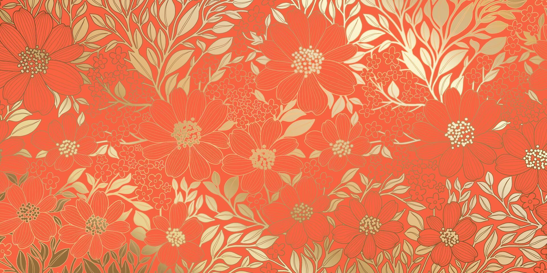 Pattern of Golden Metallic Foiled Contour Flowers and Leaves on Orange Red Background. Luxurious Art Deco Wallpaper Design for Print, Poster, Cover, Banner, Invitation, Package, Beauty Products. vector