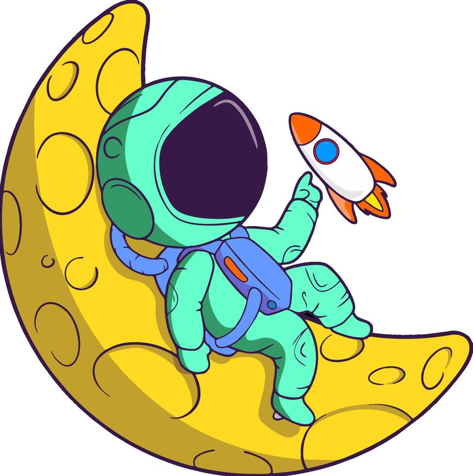 Astronaut on the moon with rocket illustration vector
