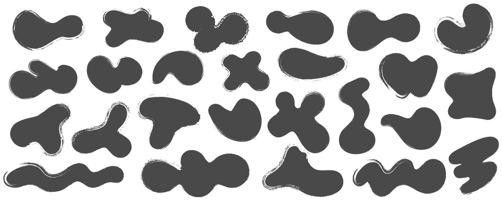 Brush stains, abstract paint shapes with grunge texture. Round black ink splashes. Irregular organic blobs set. Oval liquid rough elements. Doodle blot blocks vector