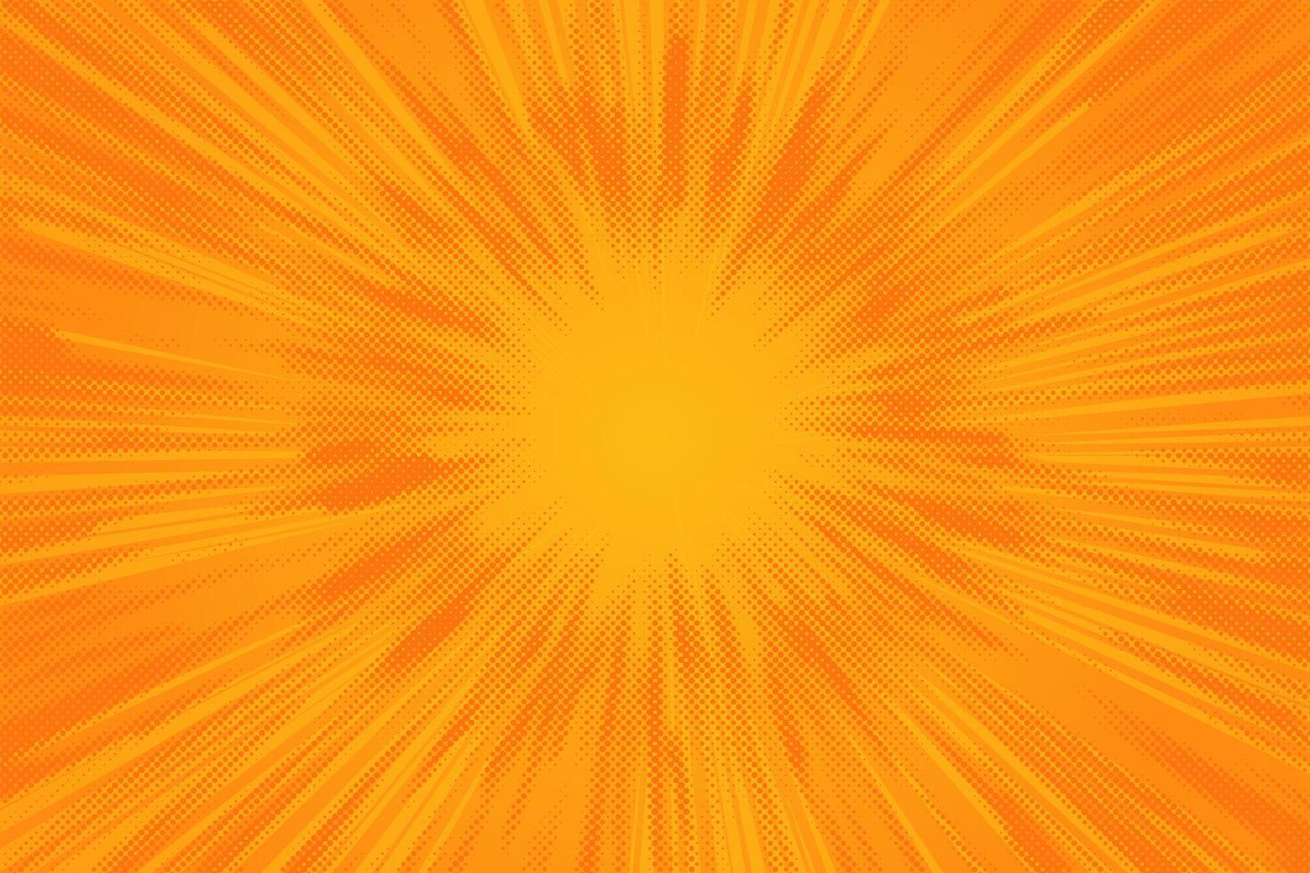 Yellow comic sunburst background. Retro poop art sun light cartoon bg. Orange rays with dotted pattern. Striped rays of explosion. manga book effect vector