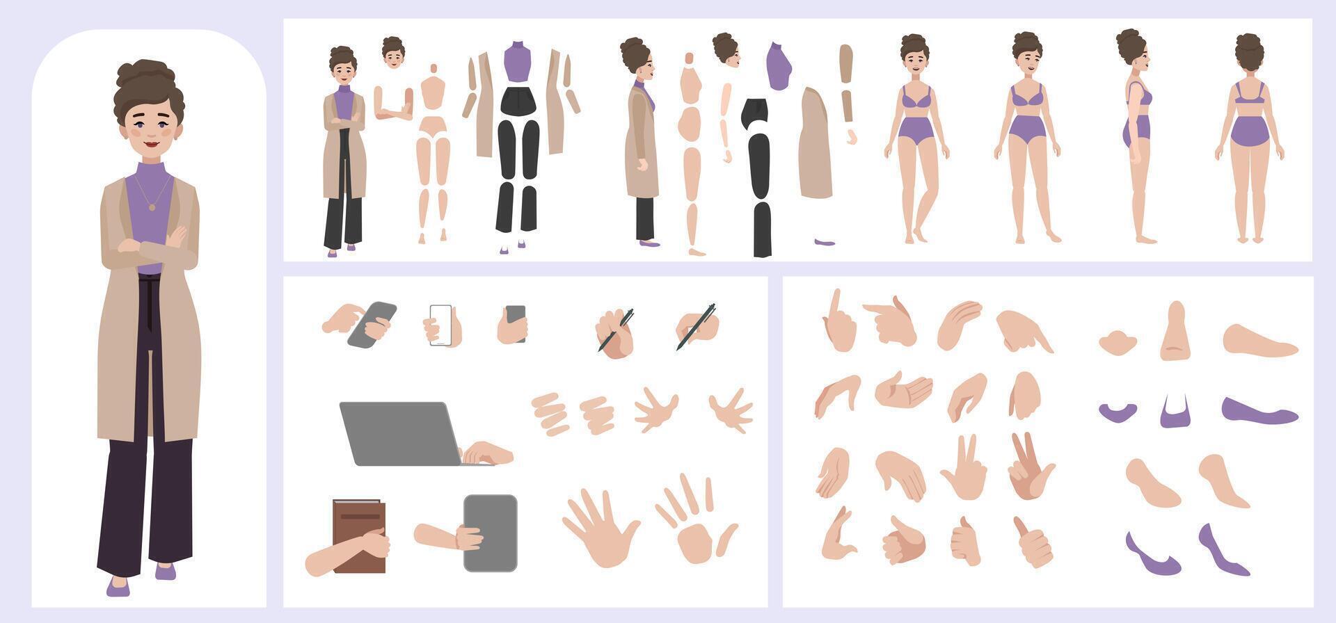 Business woman avatar creation suitable for animation. Generator, constructor of diverse views of face, body, hands and leg parts. Female character construction for comfortable fast motion design. vector