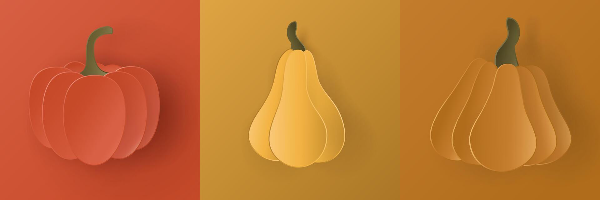 Set of autumn pumpkin in paper cut style. 3d collection of fall pump. Papercut craft elements. Origami paper objects for seasonal discount, halloween decoration, sale, web, presentation design. vector