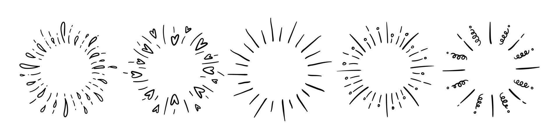 Doodles of circular drawings of fireworks, burst, explosions, sun rays. Hand drawn illustration. vector