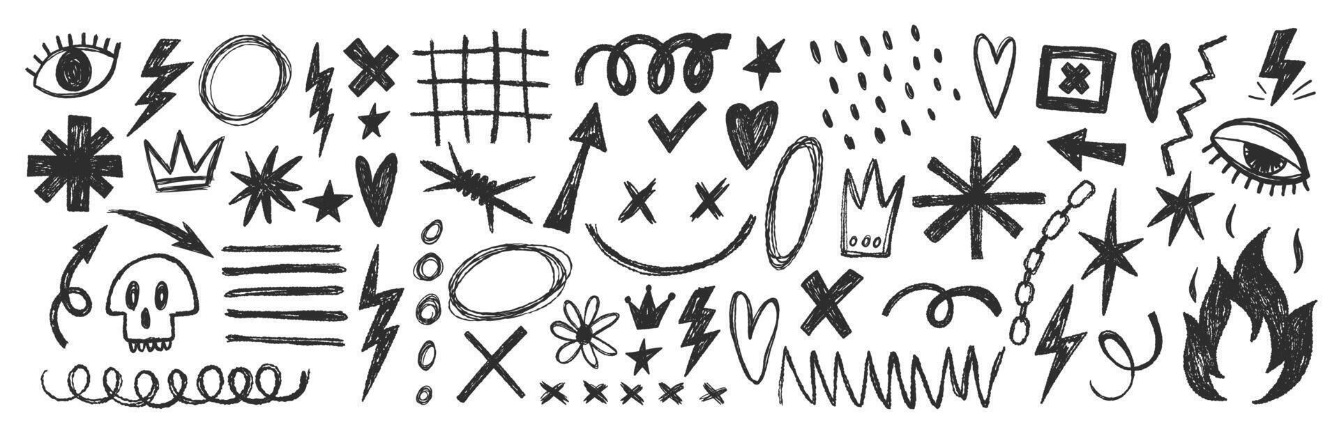 Grange punk elements with chalk or crayon texture. Hand drawn graffiti shapes. Doodle illustration. vector