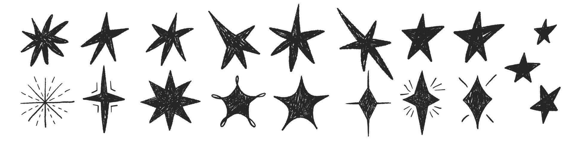 Crayon doodle with light, shine, twinkle of stars. Hand drawn black and white illustration for kids in hand drawn style. vector