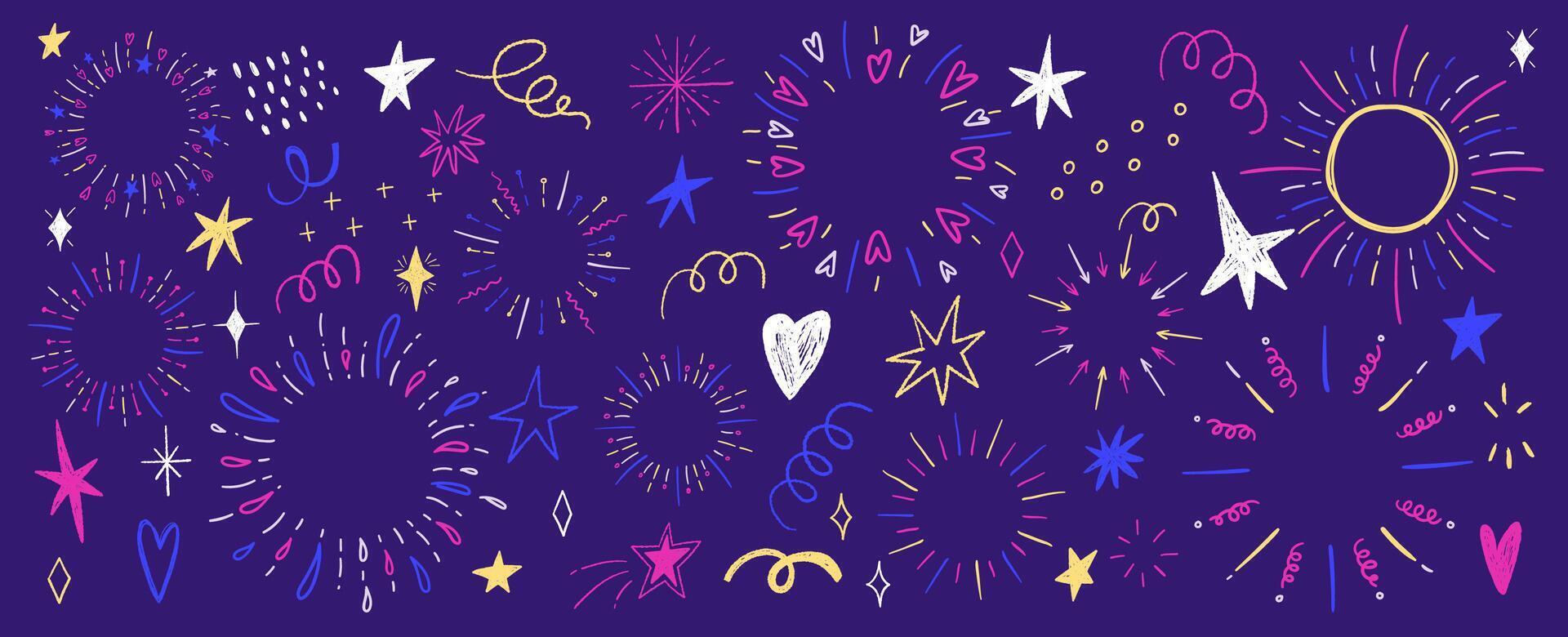 Doodles of circular drawings of fireworks, burst, explosions, sun rays stars and confetti. Hand drawn illustration. vector