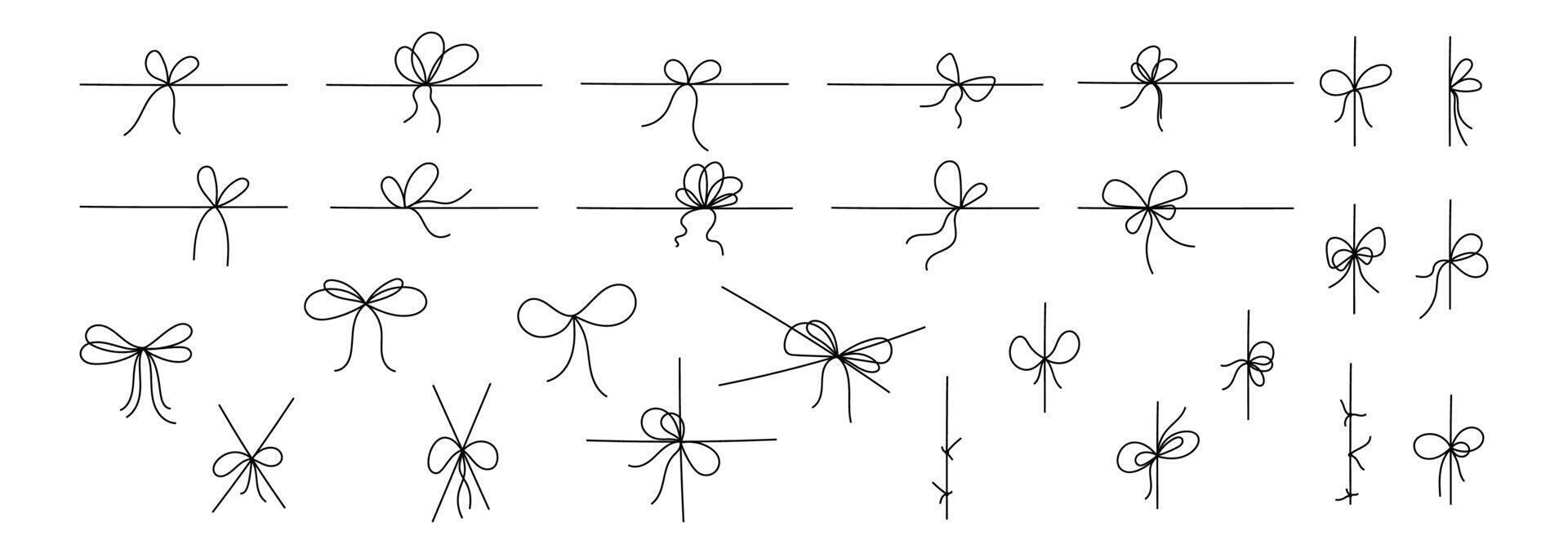Set of the ribbon of bow on the gift box in line doodle style. Outline hand drawn illustration. vector