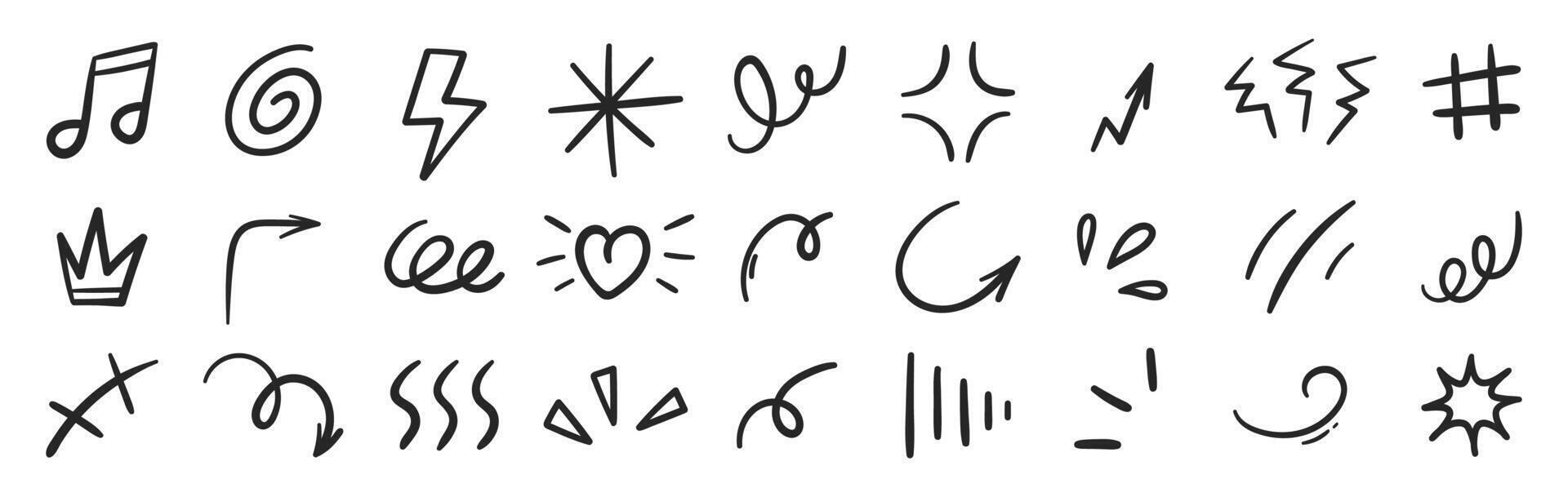 Line movement elements, heart, thunder, arrows and comic hand drawn cartoon icons. Outline illustration. vector