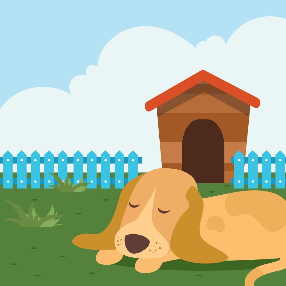 the little dog was sleeping in front of his house flat illustration vector