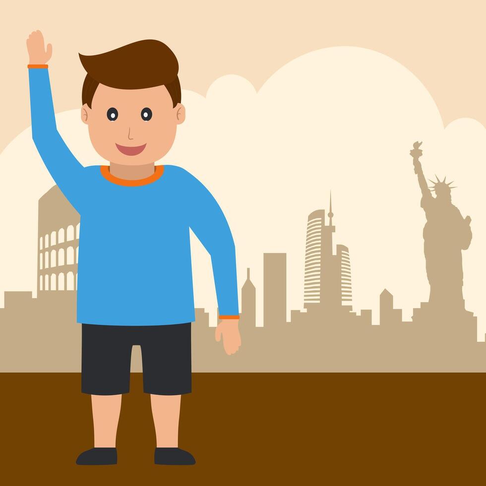 A young man use blue tshirt greeted happily after traveling falt illustration vector