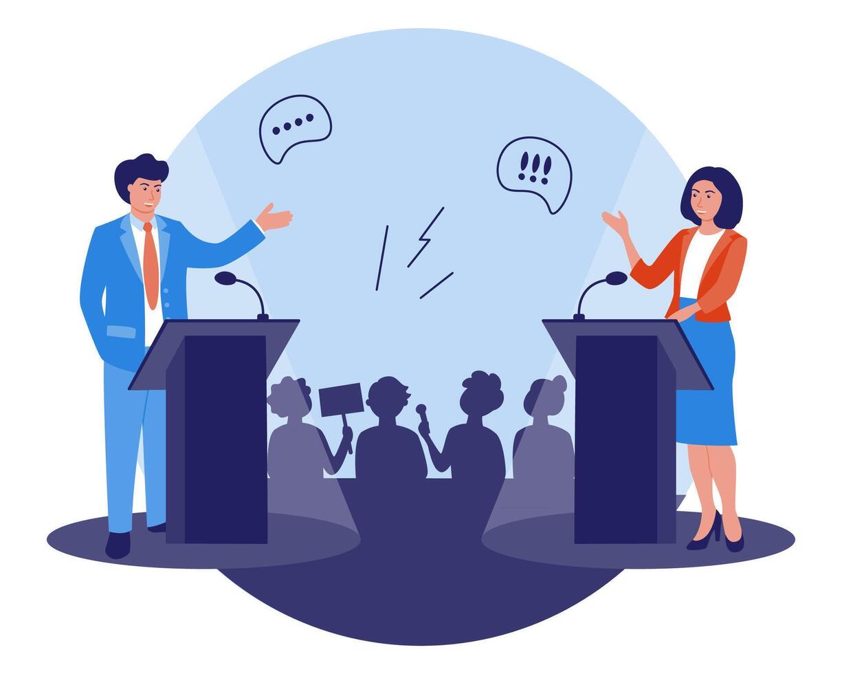 Political debates and discussions with candidates. Public speaking in front of an audience. vector