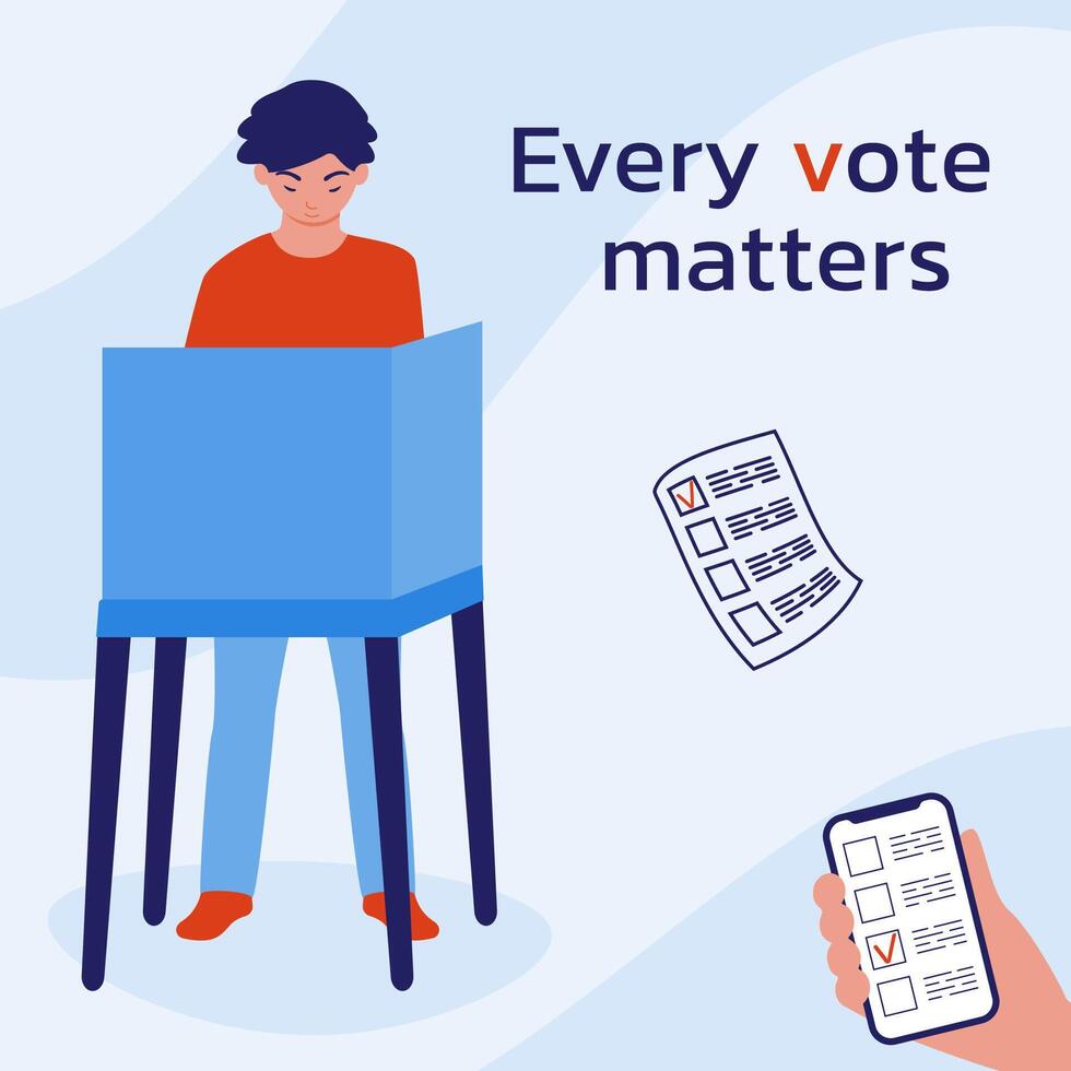 Man in the voting booth makes her choice. A call to vote. Voting online by phone. vector