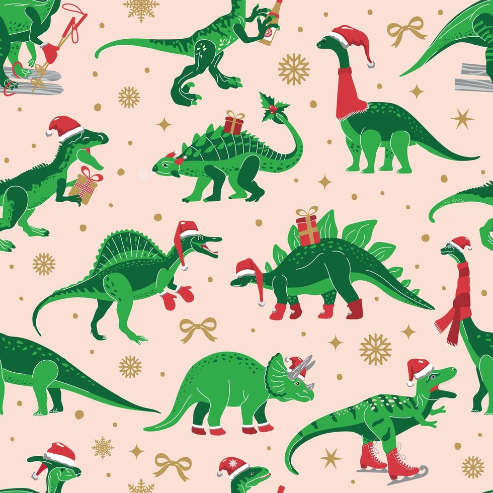 Dino Christmas Party Tree Rex. Dinosaur in Santa hat decorates. seamless pattern of funny character in cartoon flat style. vector