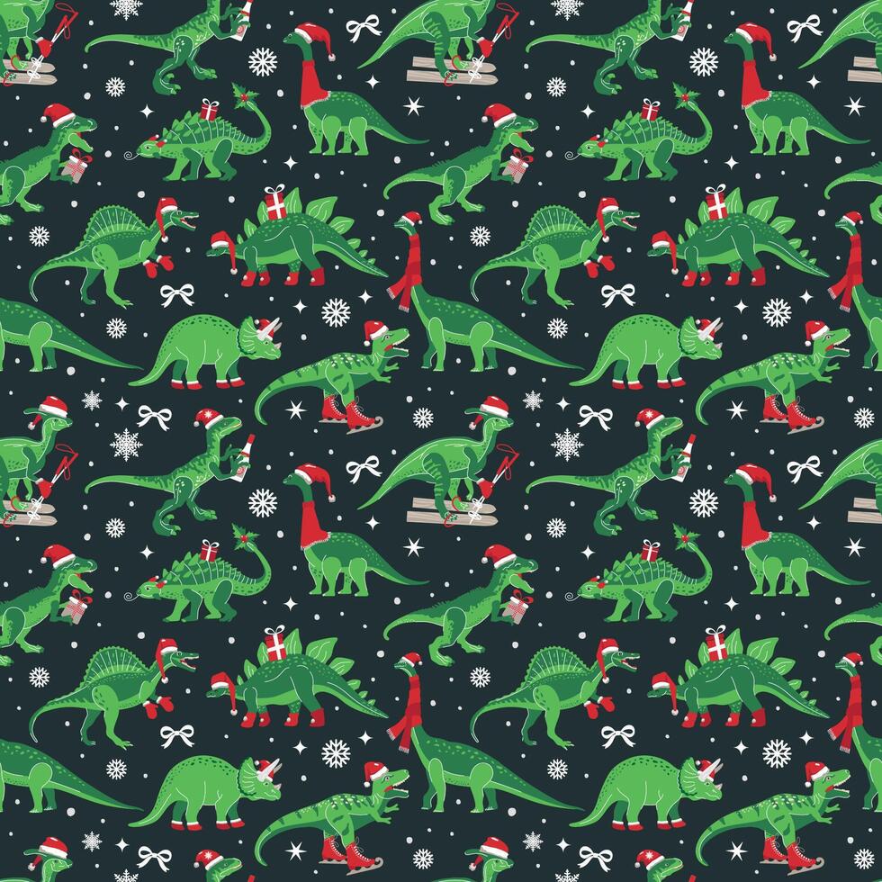 Dino Christmas Party Tree Rex. Dinosaur in Santa hat decorates. seamless pattern of funny character in cartoon flat style. vector