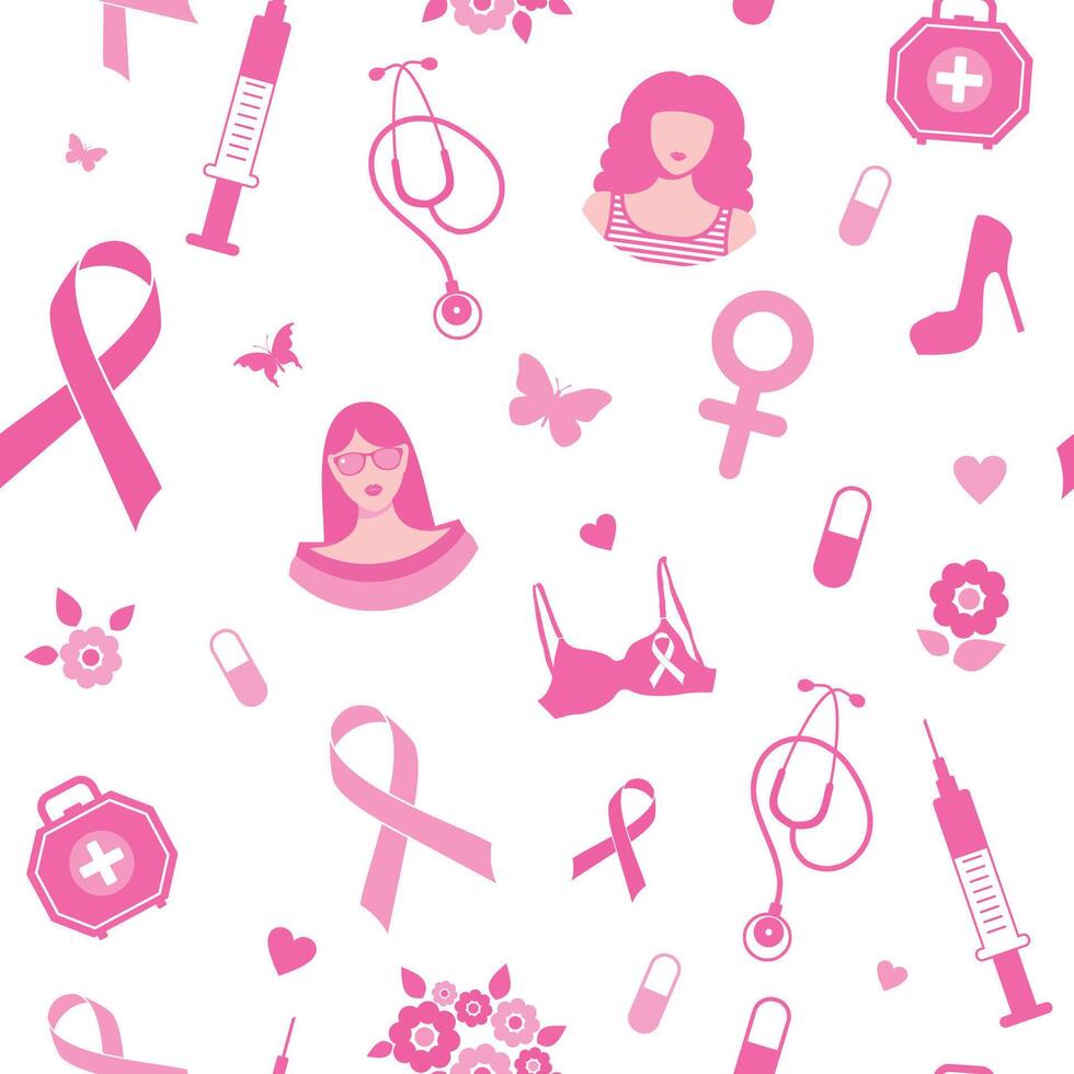 Breast cancer seamless pattern awareness pink ribbon. October is Breast Cancer Awareness Month. Pink on white. vector