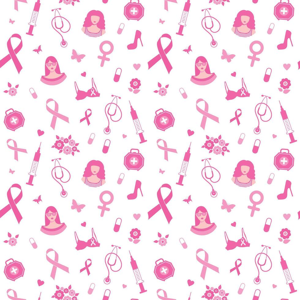 Breast cancer seamless pattern awareness pink ribbon. October is Breast Cancer Awareness Month. Pink on white. vector