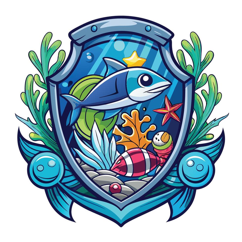 A shield with fish and sea creatures vector