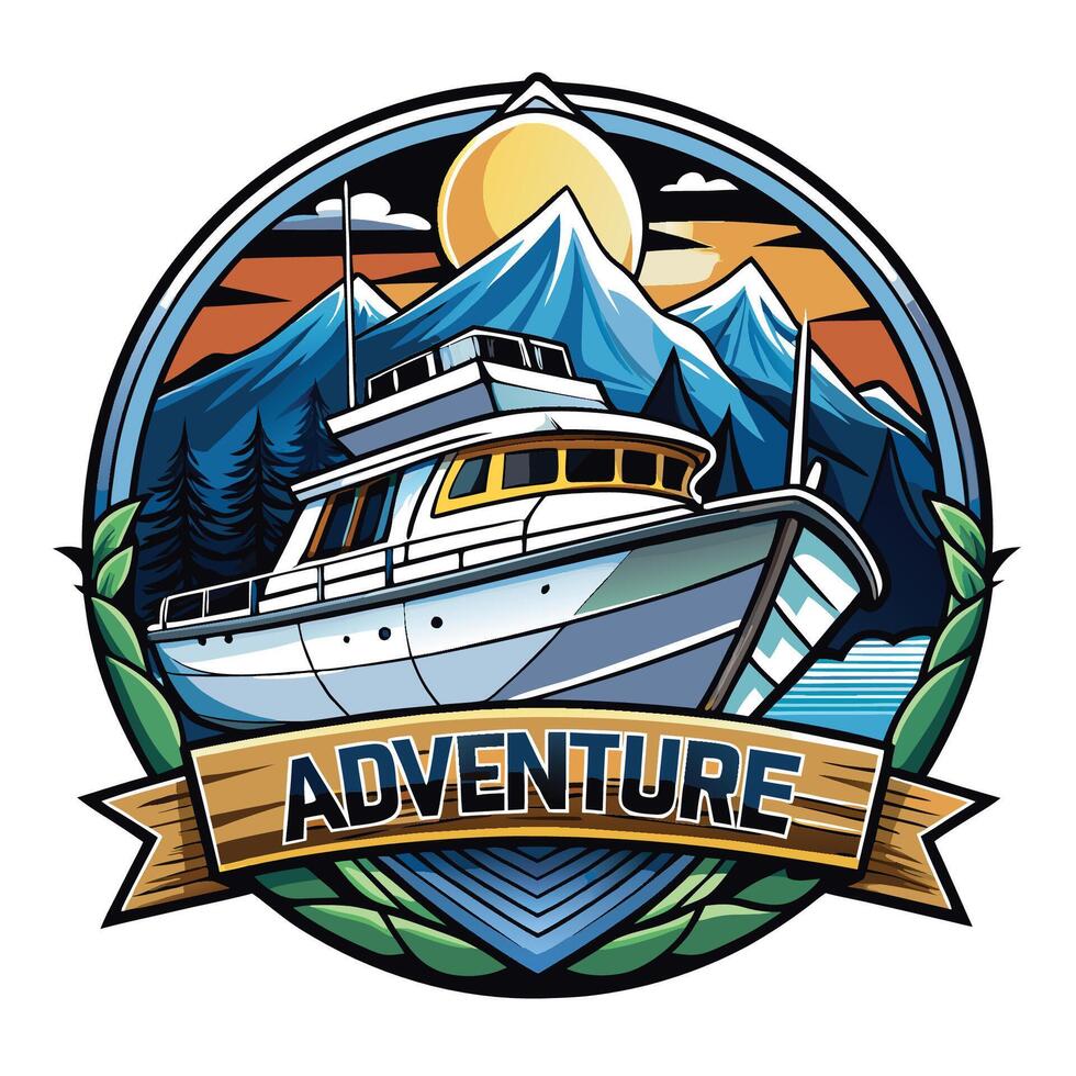 A boat is in the middle of a logo with the words adventure vector