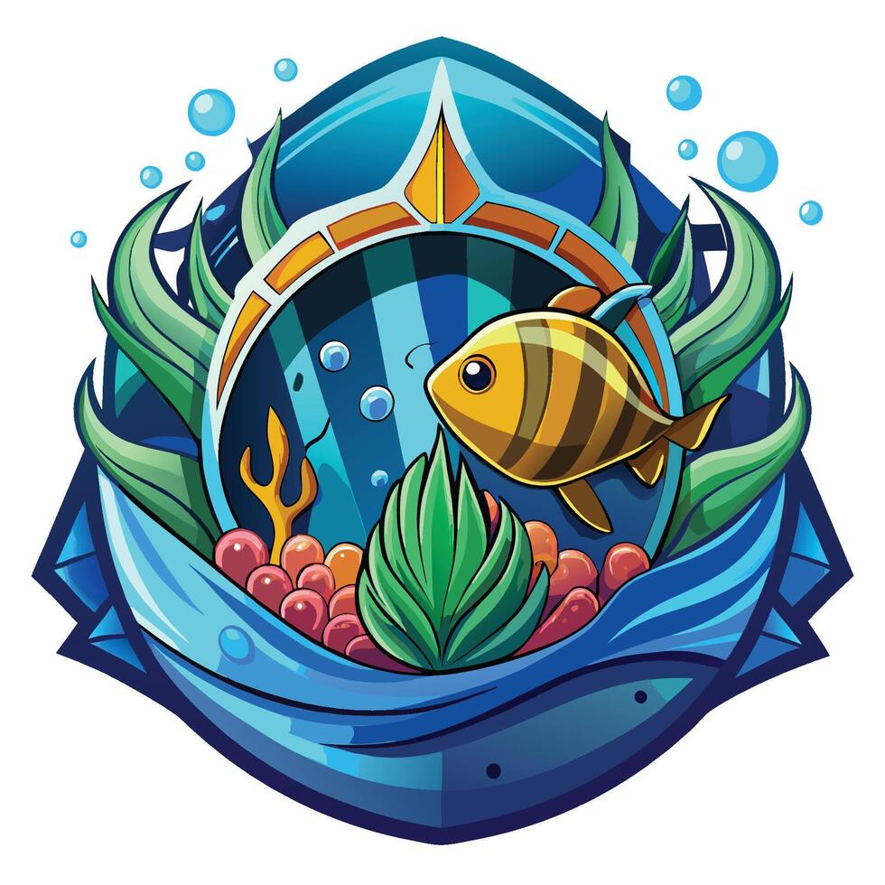 A cartoon fish and coral in a shield vector